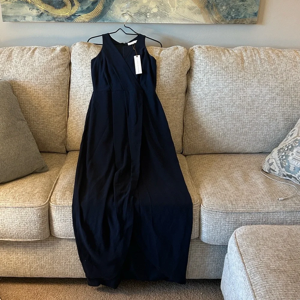 NWT- Dress the Population Navy Blue Sleeveless Faux Wrap Plunge Maxi Dress - Picture 2 of 9
